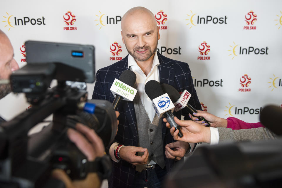 WARSAW, MAZOWIECKIE, POLAND - 2022/05/30: Rafal Brzoska, the president of InPost is interviewed by media during the press conference. The Polish Football Association officially announced during a press conference at the National Stadium that InPost became the new strategic sponsor.
The conference was attended by PZPN's (Polish Football Association) president Cezary Kulesza and Rafal Brzoska, president of InPost, known as Poland's parcel king, who invented the automated e-commerce lockers. It is estimated that approximately 16 million Poles use InPost's automated parcel lockers. (Photo by Attila Husejnow/SOPA Images/LightRocket via Getty Images)