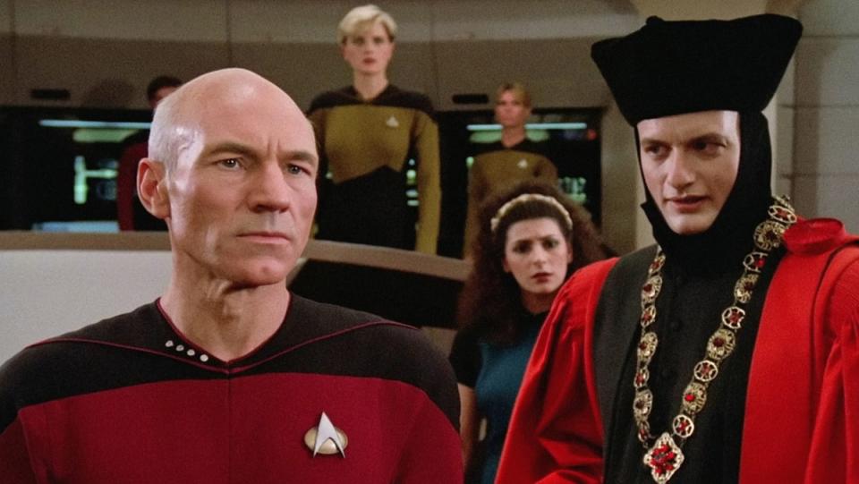 Picard meets Q for the first time in the Next Generation pilot episode, "Encounter at Farpoint."