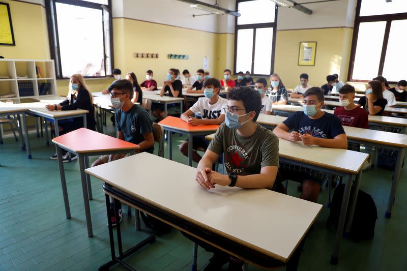 Children return to school for the first time since March, in Rome