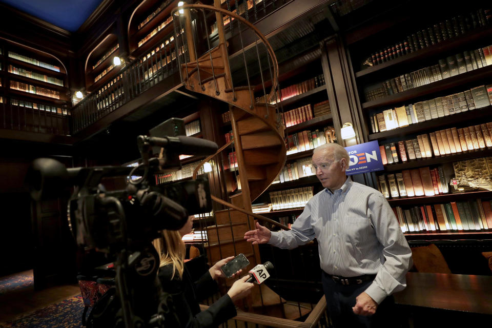 Democratic presidential candidate former Vice President Joe Biden speaks during an interview at the Park MGM, Friday, Feb. 21, 2020, in Las Vegas. (AP Photo/Matt York)