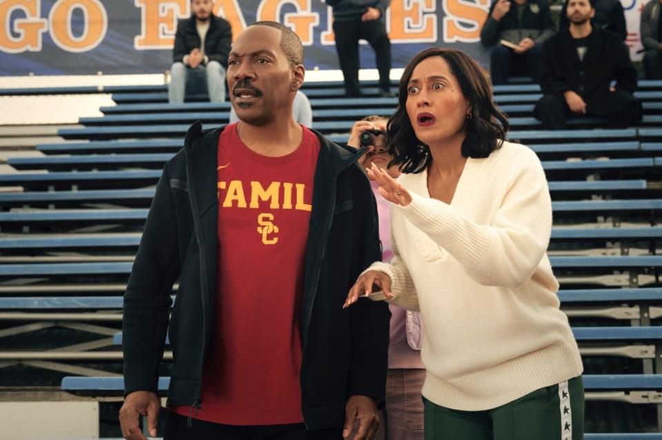 Eddie Murphy and Tracee Ellis Ross star as Chris and Carol Carver in “Candy Cane Lane,” which premieres Friday on Prime Video. (Photo credit: Claudette Barius /©Amazon Content Services LLC)
