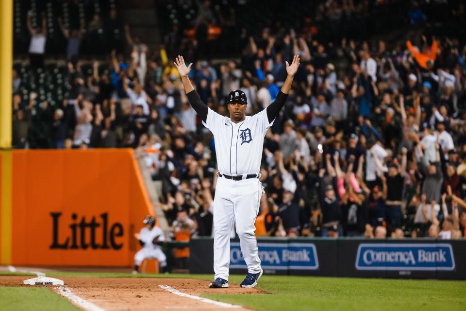 Tigers first base coach Kimera Bartee during a game against the Rays at Comerica Park on Sept. 10, 2021.