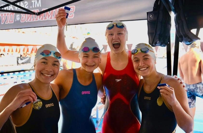 Ventura's Charlie Woo-Bloxberg (left to right), Juliet Lazowski, Sarah Beckman and Emily Gonzalez celebrate after winning the 200 freestyle relay title at the CIF-SS Division 2 Swimming Championships on Friday, May 3, 2024, at Mount San Antonio College.