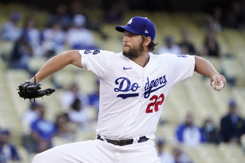 Dodgers starting pitcher Clayton Kershaw delivers during the first inning against the Texas Rangers on June 11, 2021.