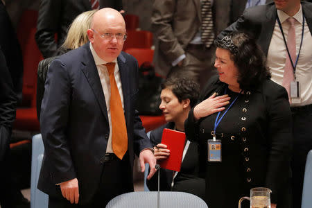 Russian Ambassador to the United Nations (U.N.) Vasily Nebenzya greets Karen Pierce, the newly appointed Britain's Ambassador to the U.N. before a meeting of the U.N. Security Council at U.N. headquarters in New York, U.S., April 5, 2018. REUTERS/Lucas Jackson