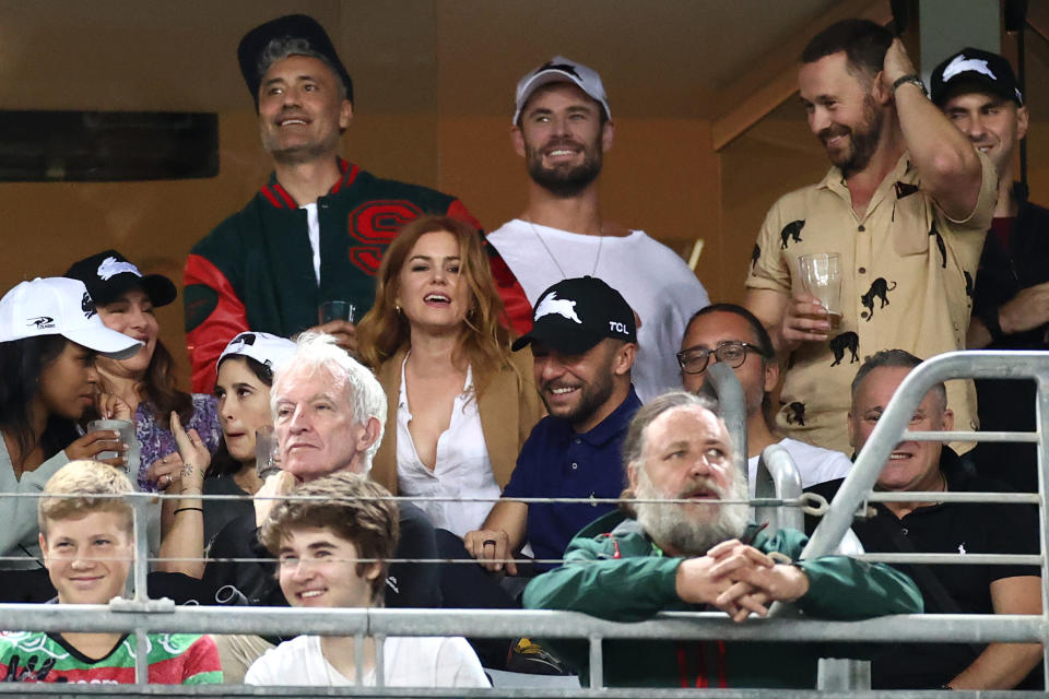 Taika Waititi, Chris Hemsworth, Sabrina Elba, Elsa Pataky, Isla Fisher and Russell Crowe watch the round three NRL match between the South Sydney Rabbitohs and the Sydney Roosters at Stadium Australia on March 26, 2021, in Sydney, Australia. (Photo by Cameron Spencer/Getty Images)