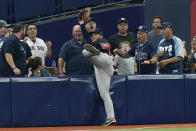 Boston Red Sox left fielder Alex Verdugo makes a catch against the Tampa Bay Rays in the eighth inning of Game 2 of a baseball American League Division Series, Friday, Oct. 8, 2021, in St. Petersburg, Fla. (AP Photo/Chris O'Meara)