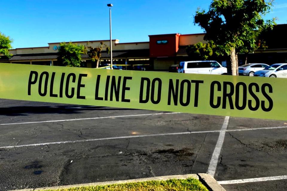 Fresno Police Department tape blocks off the scene of a crime on May 18, 2022.