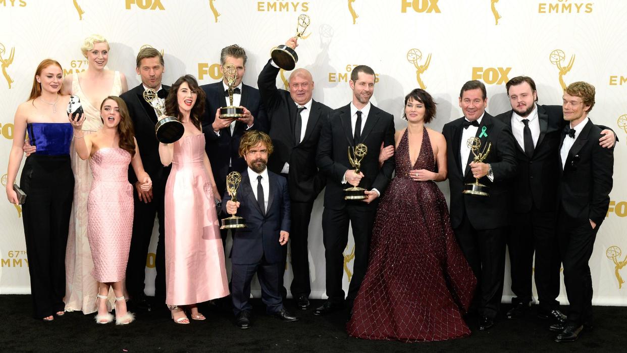 LOS ANGELES, CA - SEPTEMBER 20:  Actors Sophie Turner, Gwendoline Christie, Maisie Williams, Nikolaj Coster-Waldau, Carice van Houten, writer David Benioff, actor Peter Dinklage, Conleth Hill, writer D.