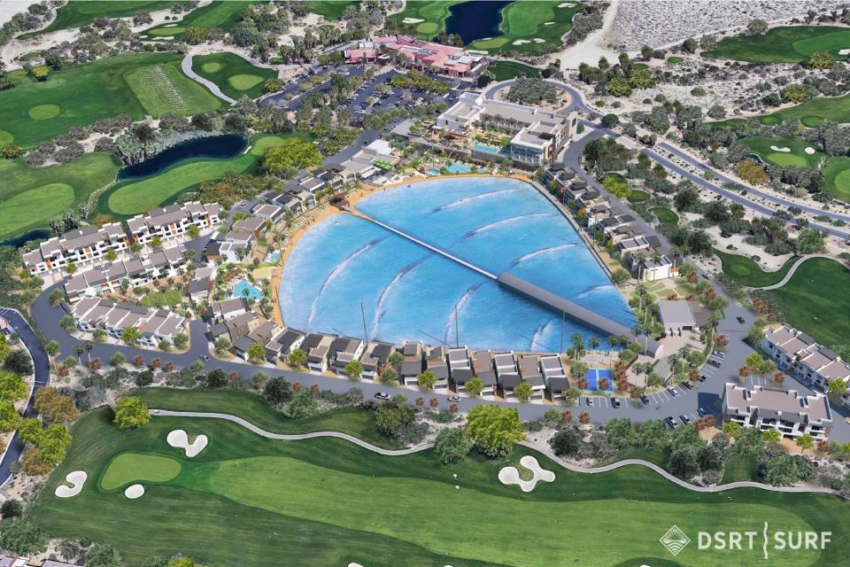A rendering of the 5.5-acre, 7-million-gallon surf lagoon at the planned DSRT Surf resort in Palm Desert.
