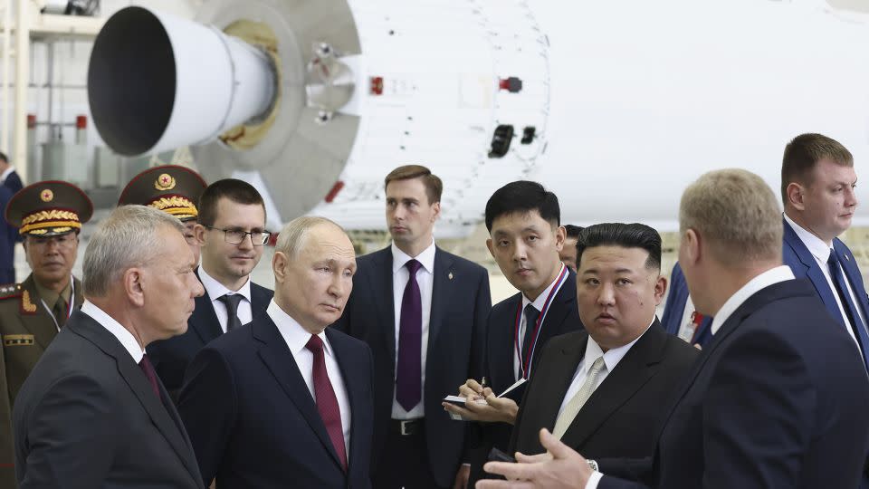 Putin and Kim Jong Un examine a rocket assembly hangar during their meeting at the Vostochny cosmodrome. - Artyom Geodakyan/Sputnik/AP