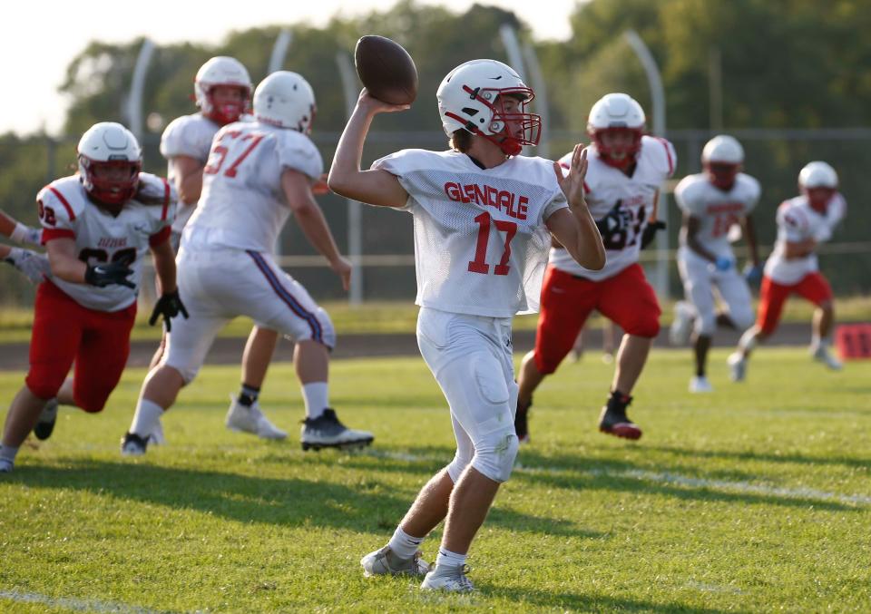 Glendale sophomore Cash Newberry looks for a target in Friday's jamboree against West Plains in Fair Grove.