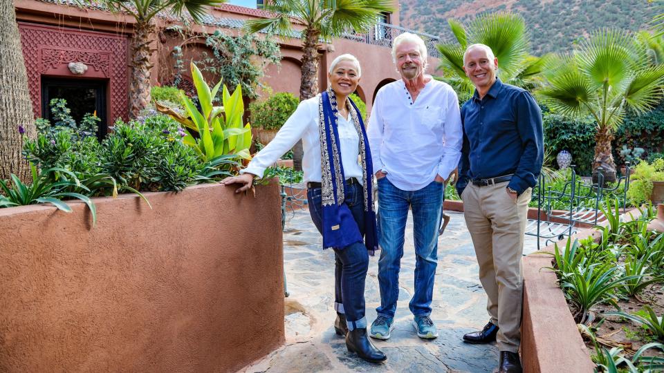 Monica Galetti, Richard Branson and Rob Rinder outside the Kasbah Tamadot Hotel