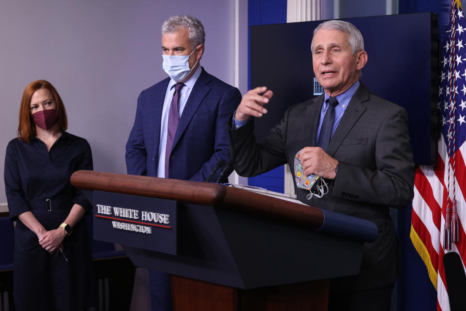 (L-R) White House Press Secretary Jen Psaki, COVID-19 Response Coordinator Jeff Zients and Director of the National Institute of Allergy and Infectious Diseases Dr. Anthony Fauci brief reporters in the Brady Press Briefing Room at the White House on April 13, 2021 in Washington, DC. (Chip Somodevilla/Getty Images)