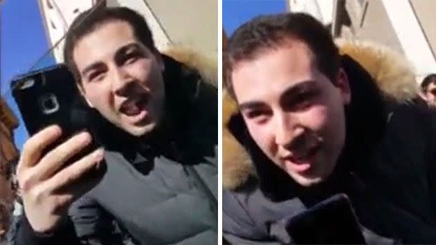 Jake Croman was filmed by driver Artur Zawada as he hurled a number of expletives at the man who had just cancelled his booking outside the University of Michigan. Photo: YouTube