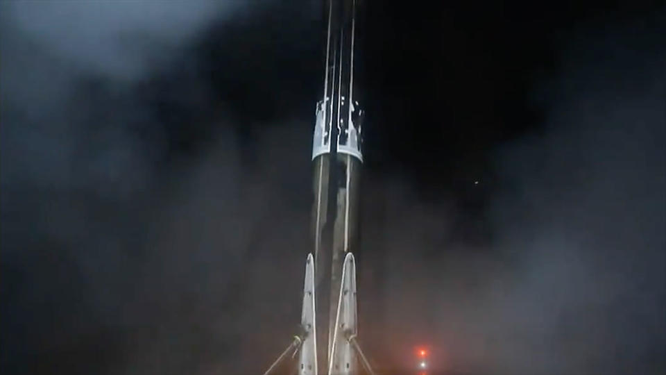 The first stage from a SpaceX Falcon 9 rocket lands on the droneship A Shortfall of Gravitas for a record 20th time on Friday, April 12, 2024.