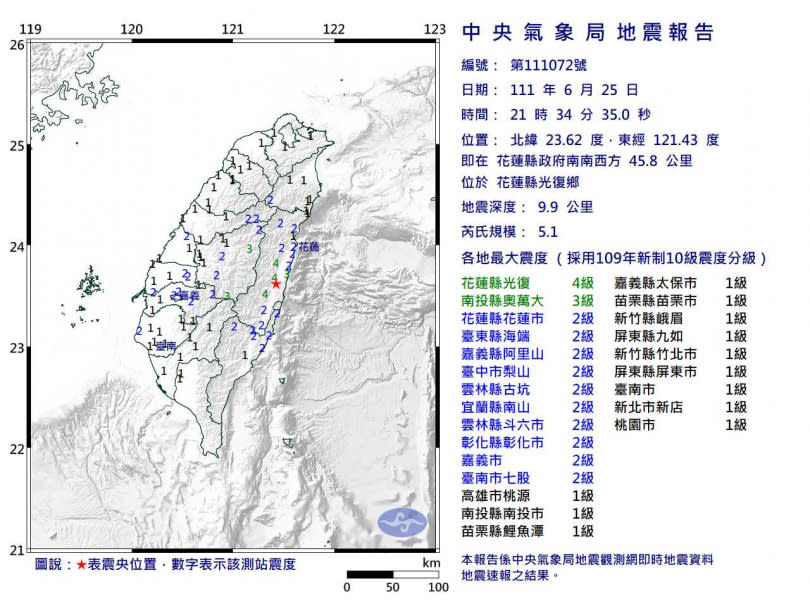 花蓮發生地震。（圖／中央氣象局）