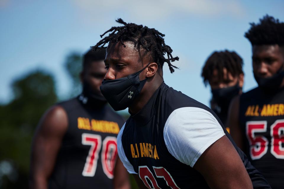 Four-star defensive end Derrick LeBlanc, a 2023 recruit from Kissimmee (Fla.) Osceola, competed in the Miami Under Armour All-America Camp on March 2, 2021.