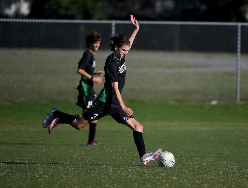 Parkside's Sam Ball (3) scores against Decatur Monday, Oct. 9, 2023, in Salisbury, Maryland. Parkside defeated Decatur 3-1.