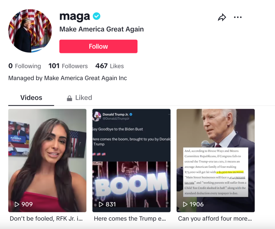Donald Trump’s super PAC, MAGA Inc., launched a TikTok account, pictured above on Wednesday afternoon (TikTok)