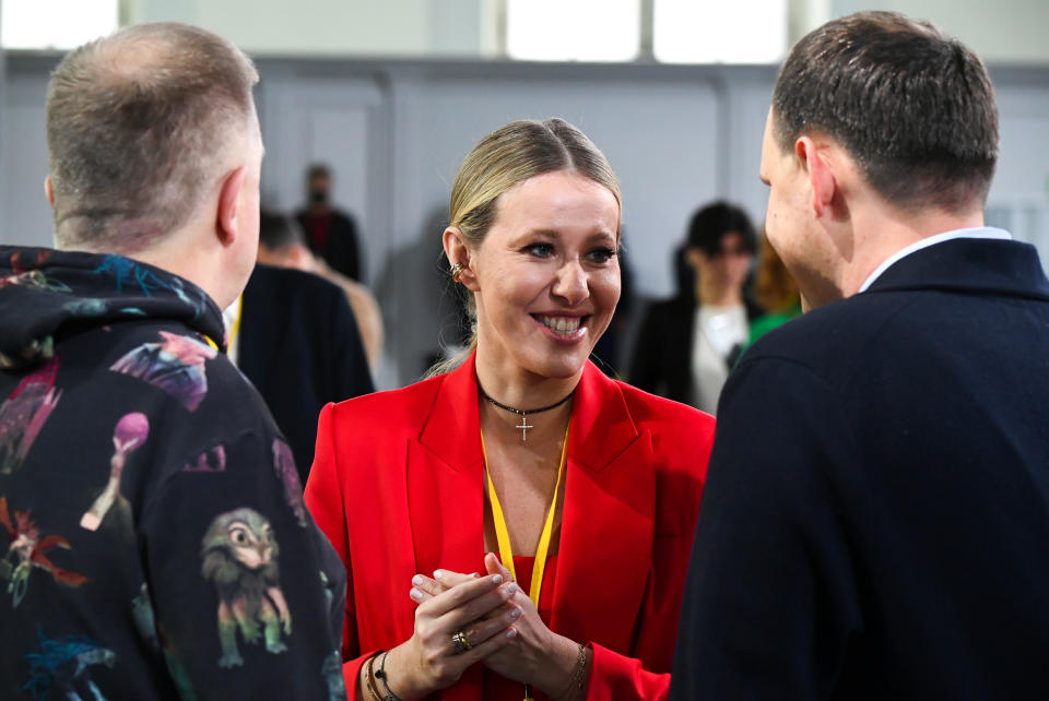 Ksenia Sobchak at Vladimir Putin's annual end-of-year news conference in Moscow, Russia (Ramil Sitdikov / Sputnik via AP file )