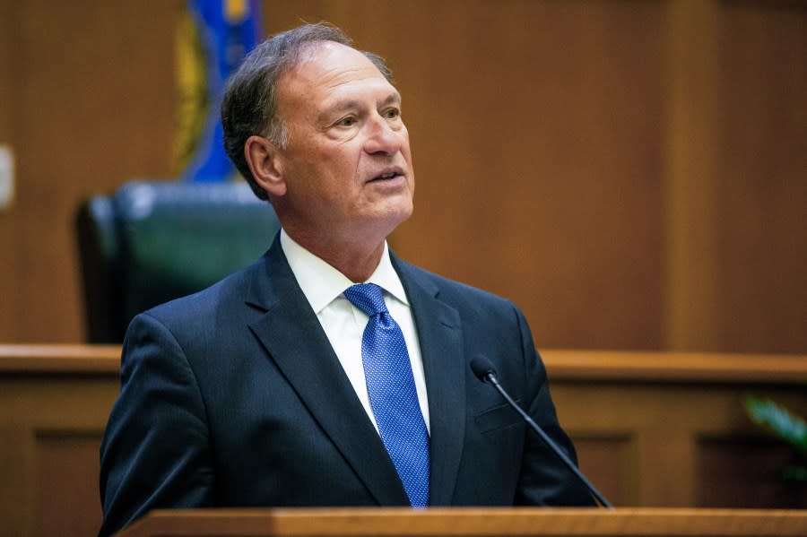 FILE – Supreme Court Justice Samuel Alito addresses the audience during a lecture Sept. 30, 2021 in the McCartan Courtroom at the University of Notre Dame Law School in South Bend, Ind. (Michael Caterina /South Bend Tribune via AP, File)