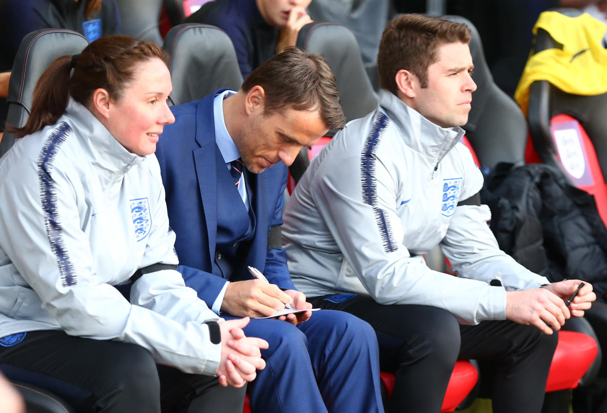 England women’s head coach Phil Neville during 2019 FIFA Women’s World Cup Group 1 qualifier match between England and Wales at St.Mary’s, Southampton FC Southampton , England on 06 April 2018. (Photo by Kieran Galvin/NurPhoto)