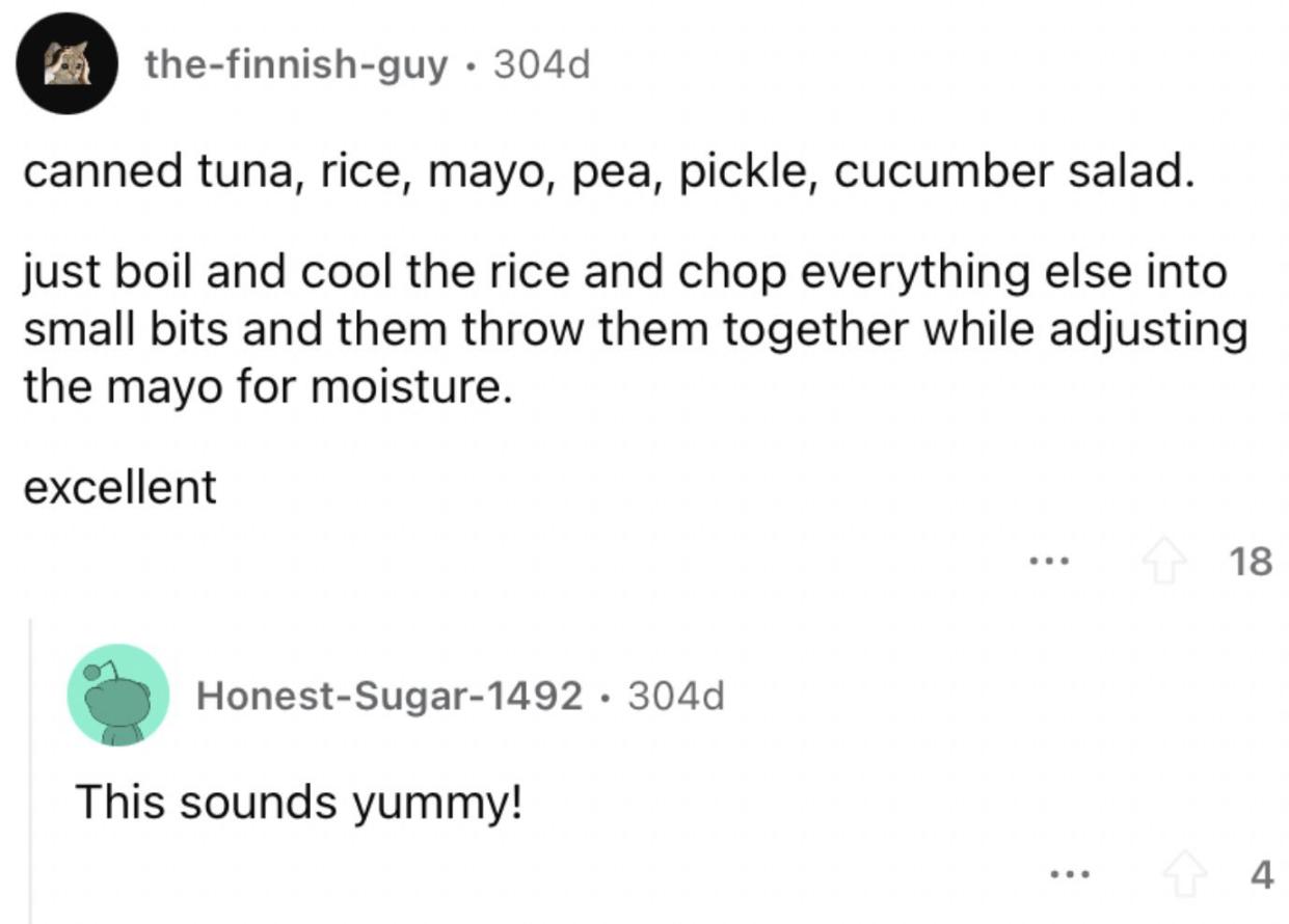 Reddit screenshot of canned tuna frugal recipe.
