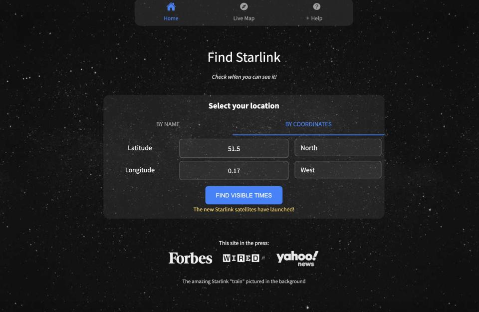 Screenshot of Find Starlink