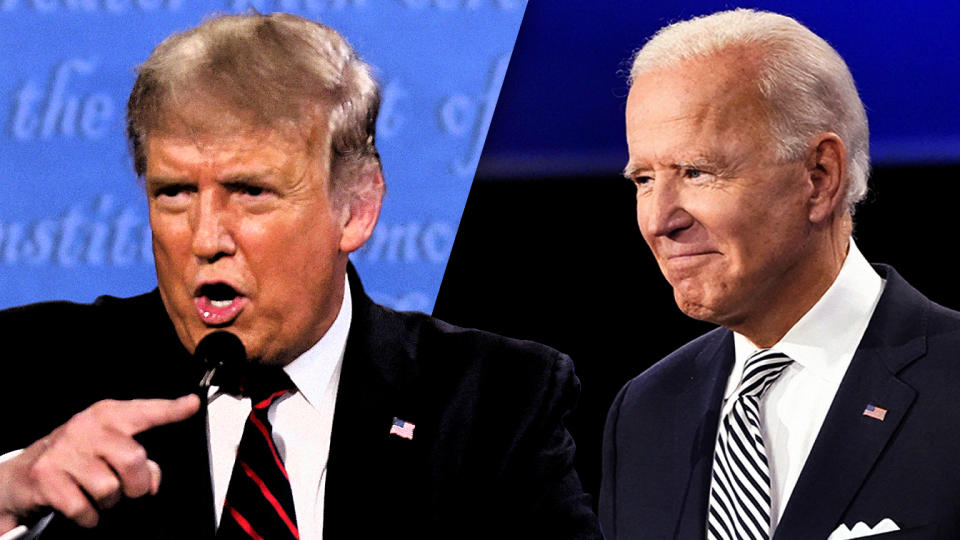 President Donald Trump and Joe Biden during first presidential debate on Sept. 29, 2020, at Case Western University and Cleveland Clinic, in Cleveland, Ohio. (Phot illustration: Yahoo News; photos: Brian Snyder/Reuters, Julio Cortez/AP)