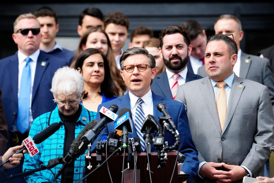 House Speaker Mike Johnson addresses Columbia University students, who booed him, Wednesday, April 24, 2024, in New York City.