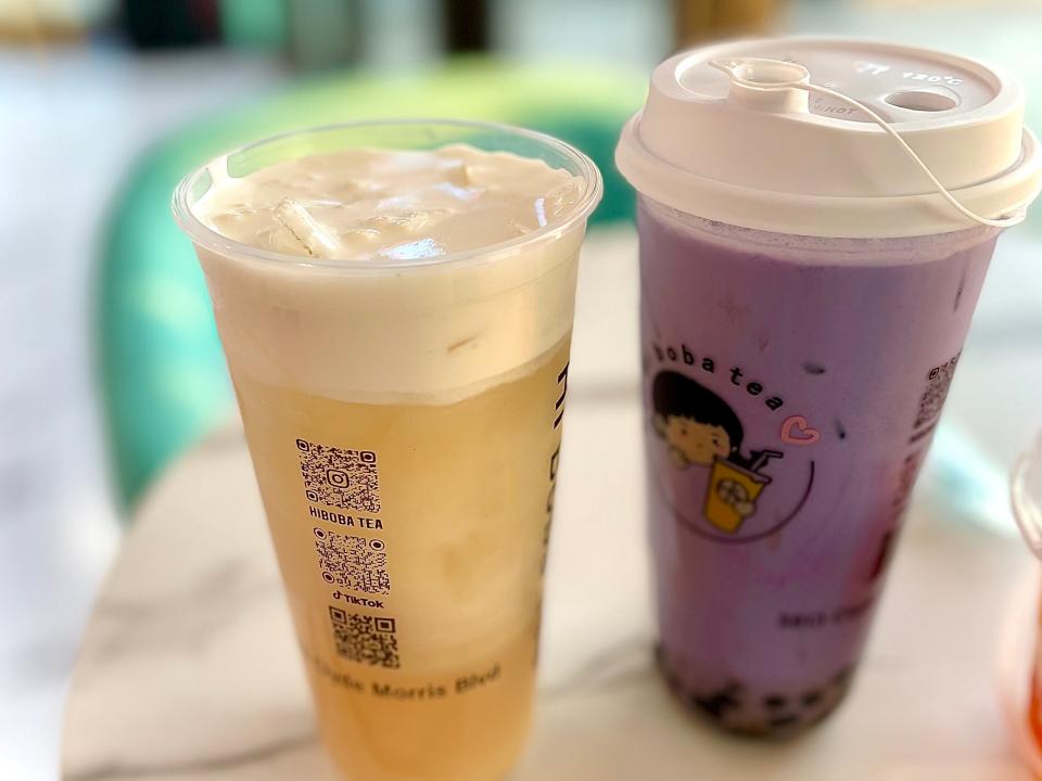 White Peach Oolong tea with cheese foam (left) and taro milk tea with tapioca boba (right) from Hi! Boba Tea in Port Orange.