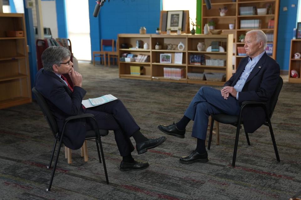 In this handout photo provided by ABC, U.S. President Joe Biden speaks with 'This Week' anchor George Stephanopoulos on July 05, 2024 in Madison, Wisconsin.