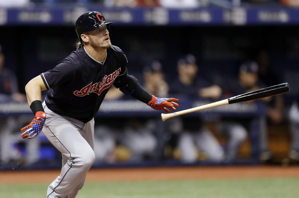 FILE - In this Sept. 11, 2018, file photo, Cleveland Indians' Josh Donaldson flies out to during the fourth inning of a baseball game against the Tampa Bay Rays in St. Petersburg, Fla. The Atlanta Braves added a pair of free agents following their first division titles in five years, agreeing to one-year contract with third baseman Josh Donaldson and catcher Brian McCann. (AP Photo/Chris O'Meara, File)