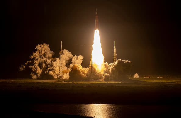 CAPE CANAVERAL, FLORIDA - NOVEMBER 16: NASA’s Artemis I Space Launch System (SLS) rocket, with the Orion capsule attached, launches at NASA's Kennedy Space Center on November 16, 2022 in Cape Canaveral, Florida. The Artemis I mission will send the uncrewed spacecraft around the moon to test the vehicle's propulsion, navigation and power systems as a precursor to later crewed mission to the lunar surface. (Photo by Kevin Dietsch/Getty Images)