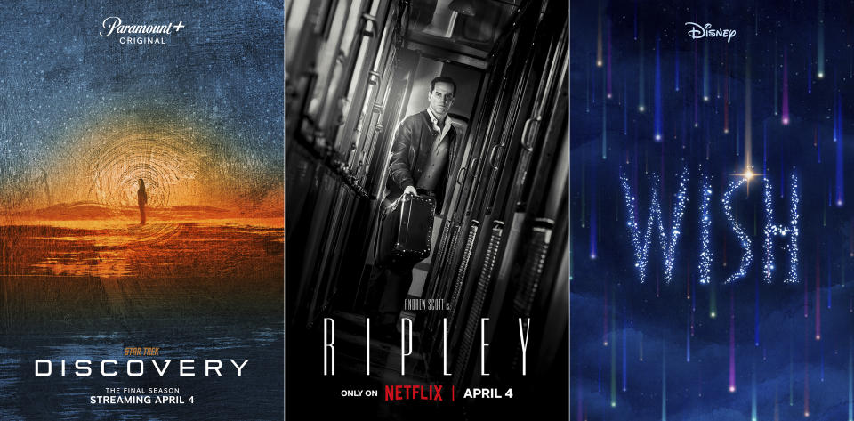 This combination of images shows promotional art for the series "Star-Trek Discovery," left, the new series "Ripley," center, and the animated film "Wish." (Paramount+/Netflix/Disney via AP)