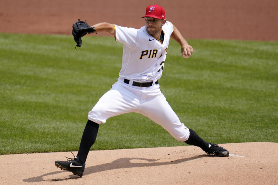 Pittsburgh Pirates starting pitcher Tyler Anderson delivers during the first inning of a baseball game against the Milwaukee Brewers in Pittsburgh, Sunday, July 4, 2021. (AP Photo/Gene J. Puskar)