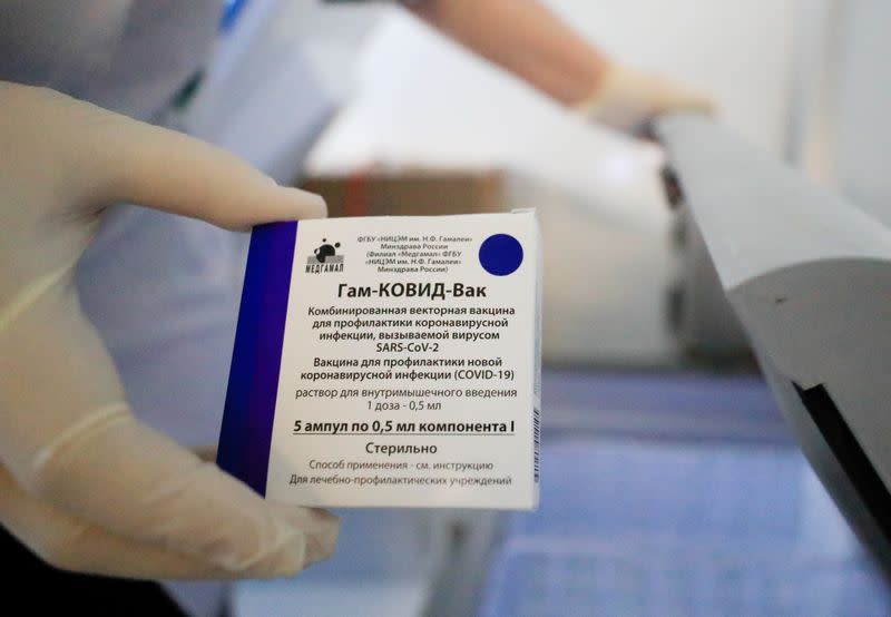 FILE PHOTO: A medical worker holds a box of Sputnik V (Gam-COVID-Vac) vaccine against the coronavirus disease (COVID-19) at a mobile vaccination centre in a dacha community in Moscow Region