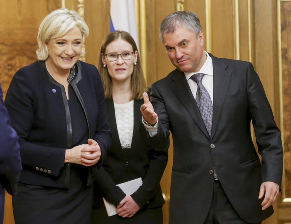 Vyacheslav Volodin, right, welcomes French far-right presidential candidate Marine Le Pen, left, for the talks during their meeting in the Lower House of the Russian Parliament in Moscow, Russia, Friday, March 24, 2017. Le Pen has made multiple visits to Russia, as have her father, niece and other members of the National Front, often meeting with Russian legislators. (Anna Isakova /Photo service of the State Duma Pool Photo via AP)