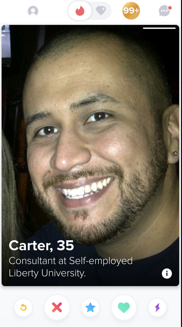 George Zimmerman set up a Tinder profile under the name &#x002018;Carter&#x002019;, before it was removed by the platform citing safety concerns (CLTampa.com)