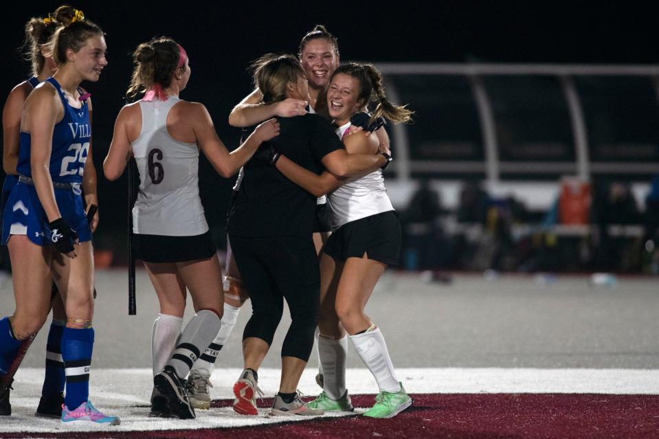Faith Christian field hockey players cheer after their victory against Villa Jospeh Marie at Faith Christian Academy in Quakertown on Tuesday, Oct. 25, 2022. Faith Christian defeated Villa Joseph Marie 6-3 in the first round of PIAA District One playoffs in class 1A.
