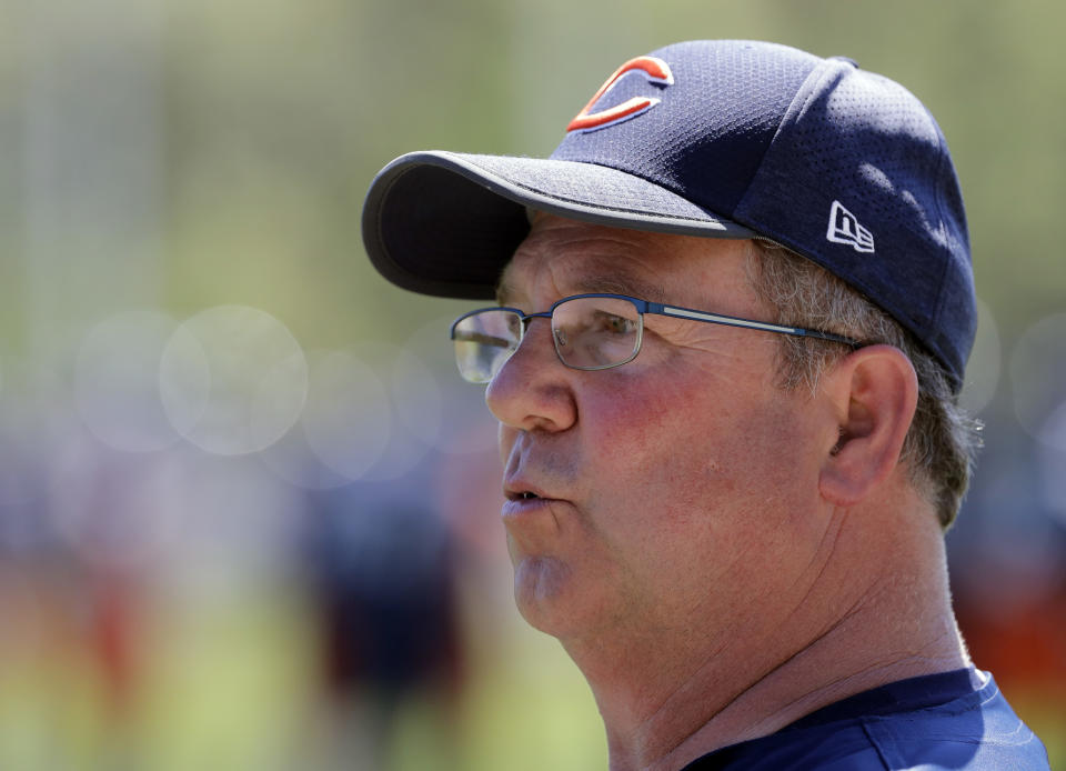 FILE - Then-Chicago Bears offensive line coach Harry Hiestand looks on during an NFL football practice in Lake Forest, Ill., Wednesday, May 23, 2018. First-year Notre Dame football coach Marcus Freeman knows success in the 2022 season will depend on how strong the Fighting Irish will be on the offensive and defensive lines. Notre Dame will have new assistant coaches in both places. Respected veteran Harry Hiestand returns for a second stint as offensive line coach. (AP Photo/Nam Y. Huh, File)