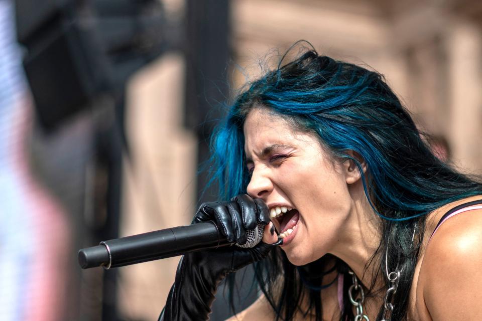 Nadezhda Tolokonnikova, of the group Pussy Riot, performs during the Women&#39;s March and Rally for Abortion Justice in Austin, Texas, on October 2, 2021. - The abortion rights battle took to the streets across the US, with hundreds of demonstrations planned as part of a new 