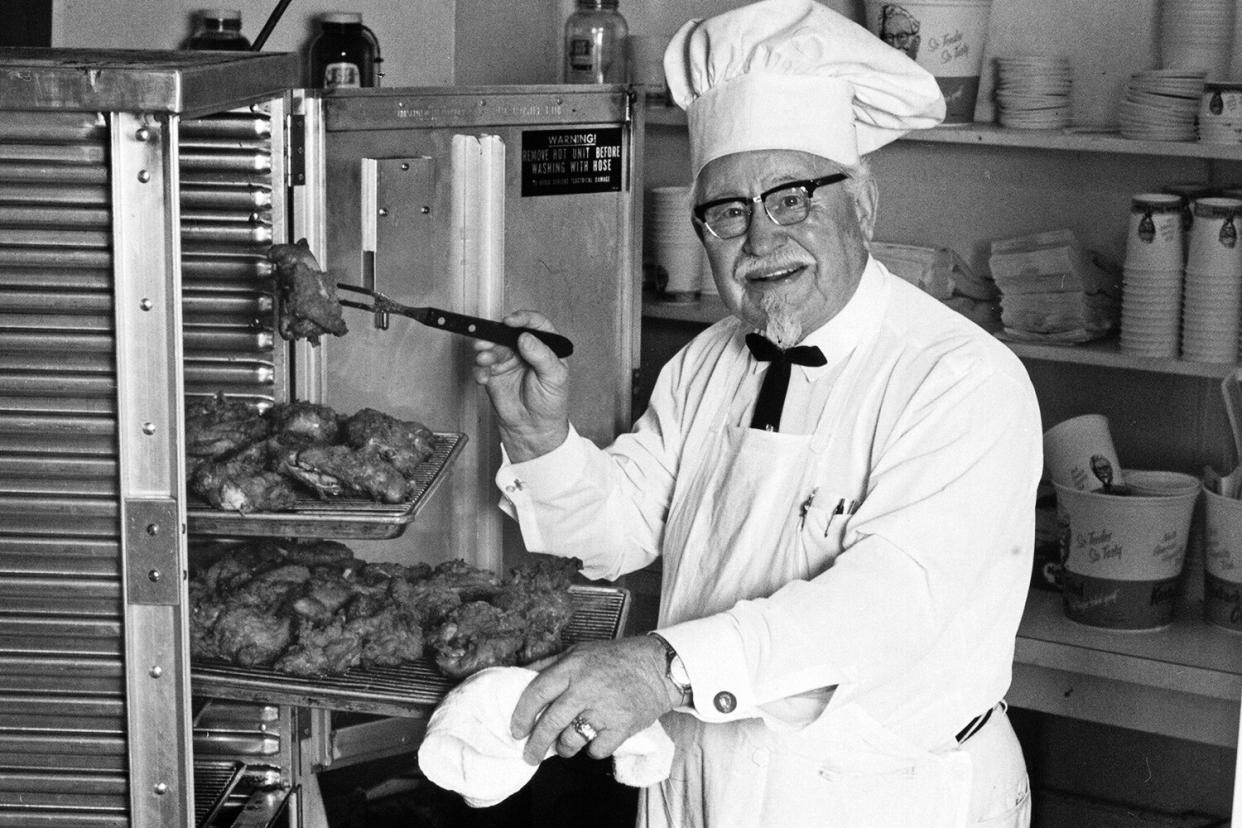 Founder of restaurant chain Kentucky Fried Chicken, Colonel Harland David Sanders (September 9, 1890 – December 16, 1980) cooking his fried chicken 1969 in Nashville, Tennessee. (Photo by Bob Grannis/Getty Images)