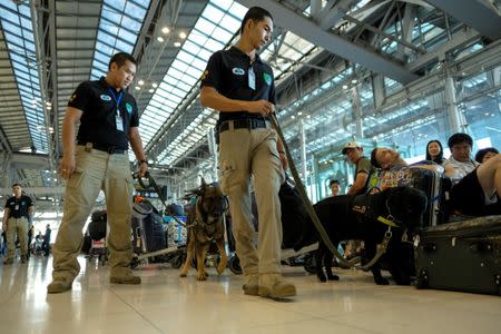 Thai soldiers patrol with their dogs inside Suvarnabhumi International Airport during the Christmas and New Year holidays in Bangkok, Thailand, December 23, 2016. REUTERS/Athit Perawongmetha