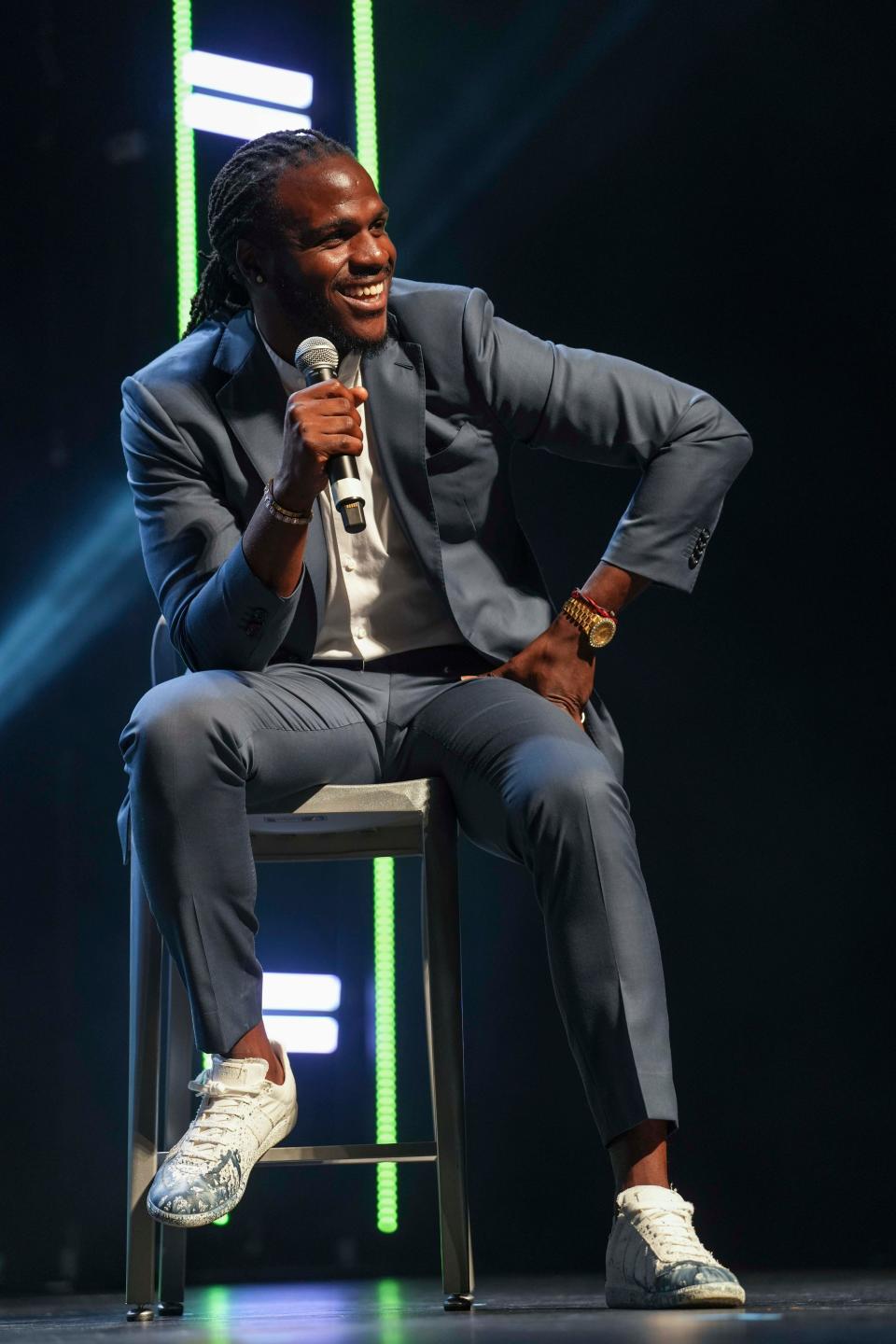 Former NFL running back Jamaal Charles speaks during the keynote speech at the Austin Area High School Sports Awards at the Long Center in June. A former star running back at Texas, Charles is among eight players who made the initial cut for the Pro Football Hall of Fame in their first year of eligibility.