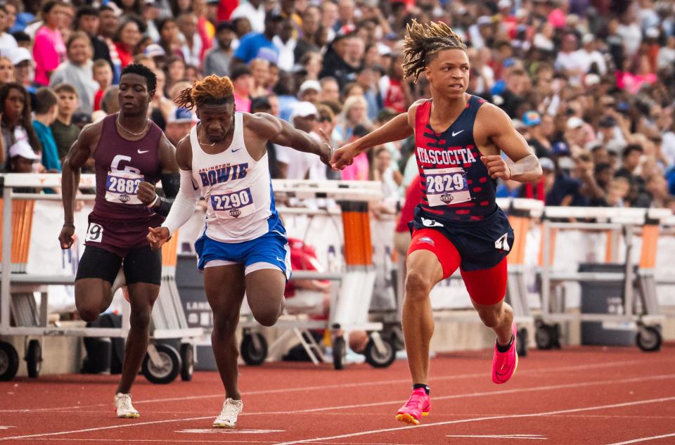 Humble Atascocita's Jelani Watkins captured the 100 and 200 titles and anchored the 400-meter relay's meet record of 39.14 at Saturday's Class 6A UIL state track and field meet. Watkins will play football at LSU this fall.