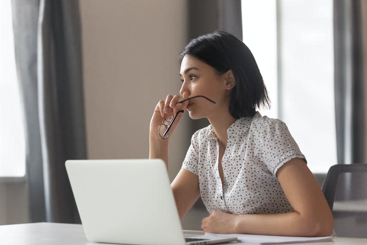<span class="caption">Mental health support provided online is particularly valuable when face-to-face support is limited.</span> <span class="attribution"><a class="link " href="https://www.shutterstock.com/image-photo/thoughtful-anxious-asian-business-woman-looking-1408495376" rel="nofollow noopener" target="_blank" data-ylk="slk:fizkes/Shutterstock;elm:context_link;itc:0;sec:content-canvas">fizkes/Shutterstock</a></span>