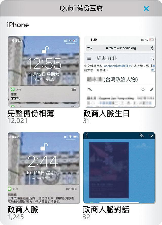 豆腐頭隨身碟截圖顯示，林的手機內藏有與政商名流來往互動的紀錄。（示意畫面）
