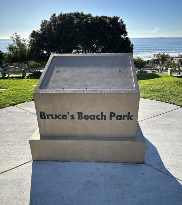 Thieves stole a large bronze plaque detailing the significant cultural history of Bruce's Beach Park in Manhattan Beach on Jan. 29, 2024. (Manhattan Beach Police Department)
